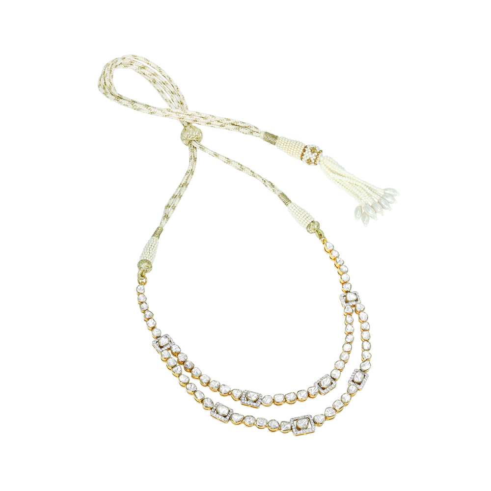 Double-Layer Polki Necklace with Round and Square Motifs
